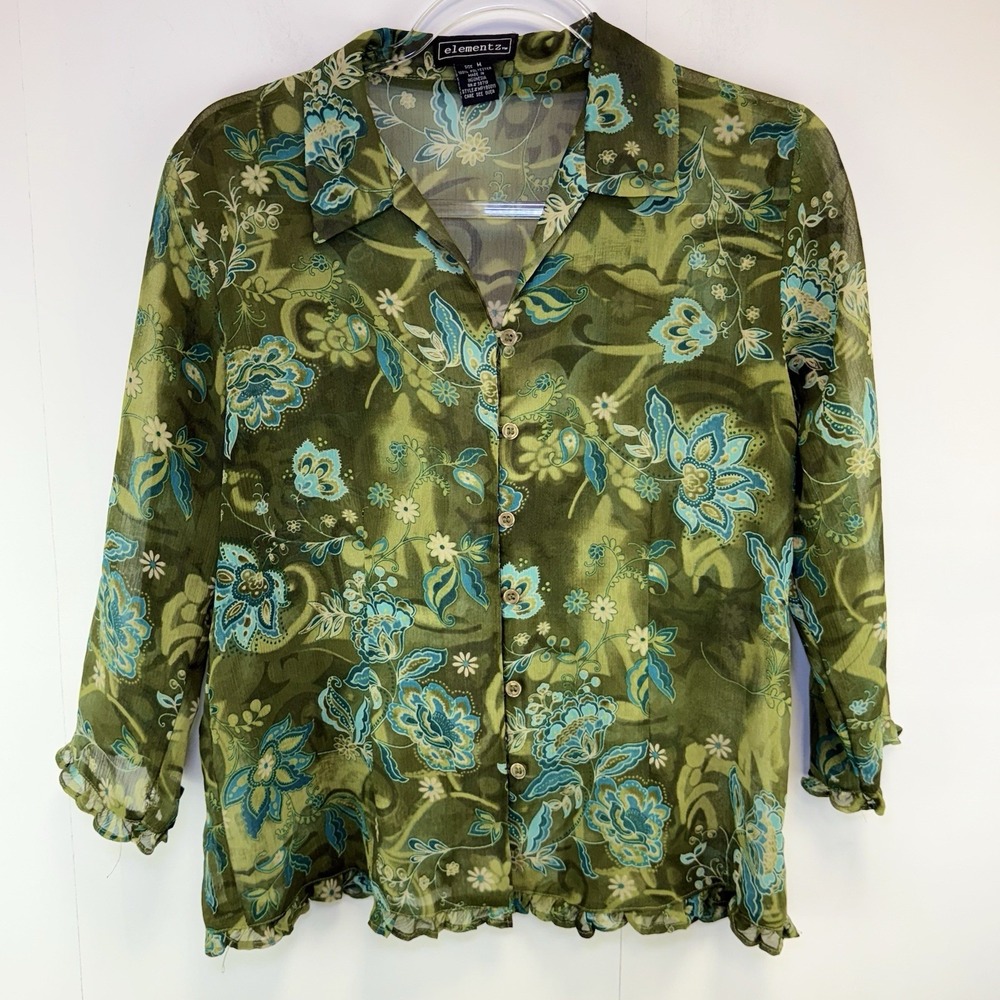 Vintage Y2K Whimsigoth Ruffle Green Blouse Women M Romantic Fairy Grunge Forest